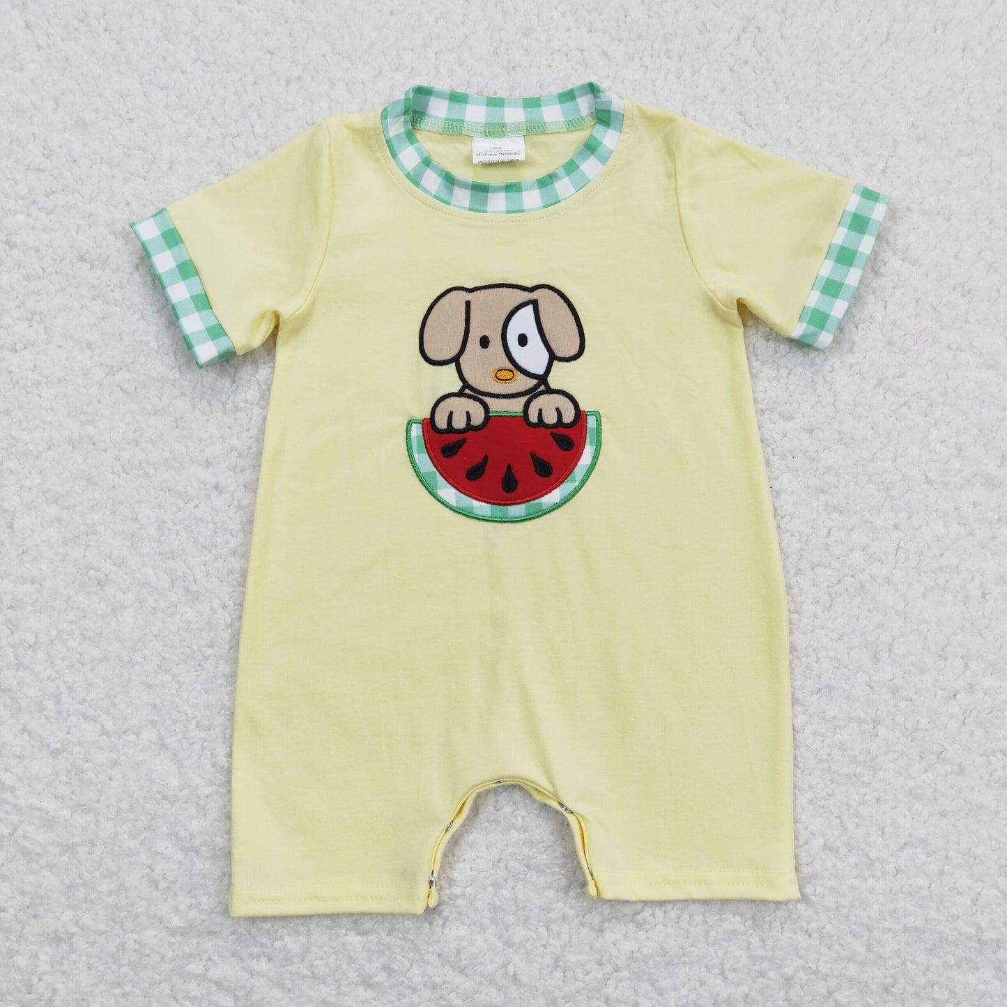 Baby Boy Short Sleeves Embroidery Watermelon Dog Yellow One Piece Romper