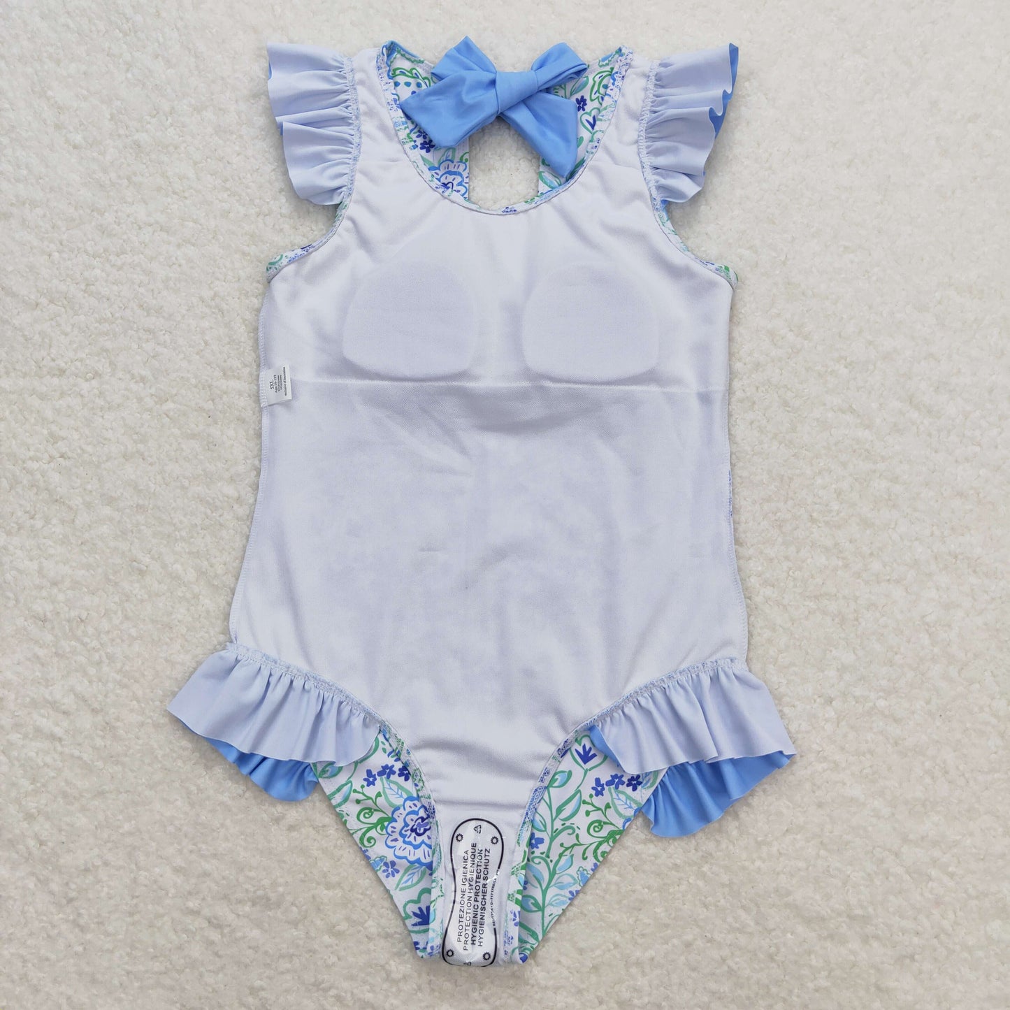 Baby Girl Short Sleeves Floral Blue One Piece Swimsuit