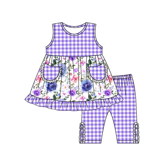 Moq 3 Pre-order GGSSO0907 Baby Girl Floral Pocket Tunic Purple Plaid Capri Pants Set