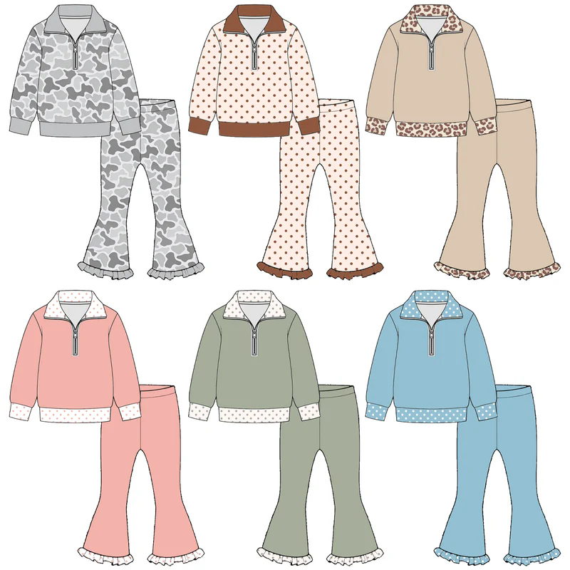 (Moq 5 ) Preorder Baby Girls Kids Long Sleeves Zipper Shirts Pants Sets Clothes RTS