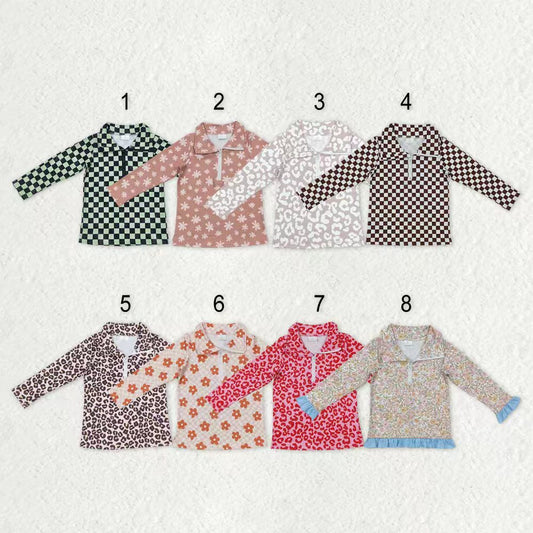 Sibling Kids Girls Leopard Flower Checked Zipper Pullovers Shirts Tops RTS