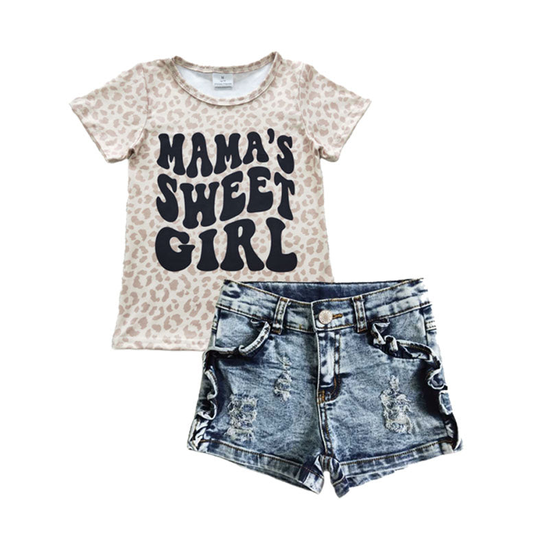 Baby Kids Mama's Sweet Girl Summer Short Sleeves Leoprad Shirt Denim Shorts Outfit