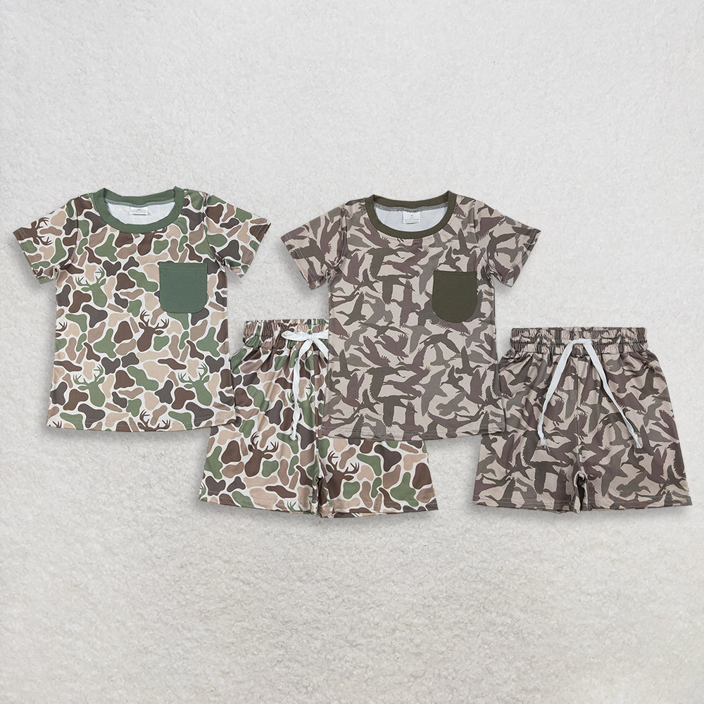 Sibling Baby Boys Kids Short Sleeves Ducks Deer Camo Shirts Pockets Shorts Hunting Sets RTS