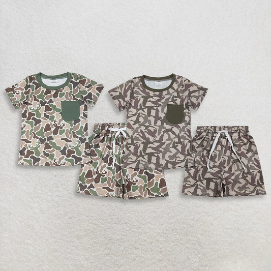 Sibling Baby Boys Kids Short Sleeves Ducks Deer Camo Shirts Pockets Shorts Hunting Sets RTS