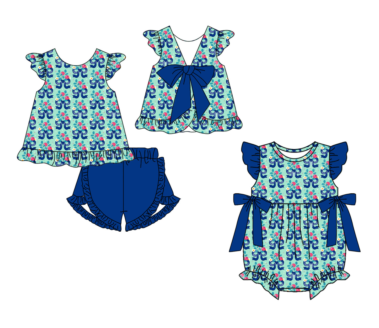 ( Moq 5 Each Style ) Sibling Baby Girls Kids Blue Bows Flower Tops Shorts Set Romper Summer Clothes