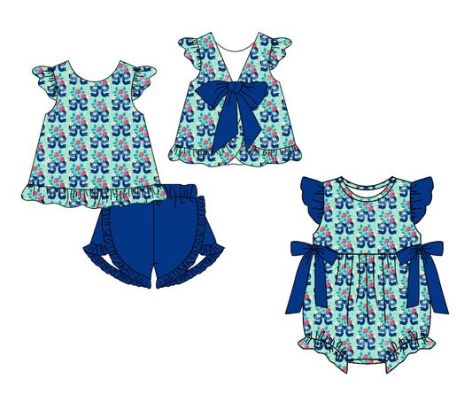 ( Moq 5 Each Style ) Sibling Baby Girls Kids Blue Bows Flower Tops Shorts Set Romper Summer Clothes