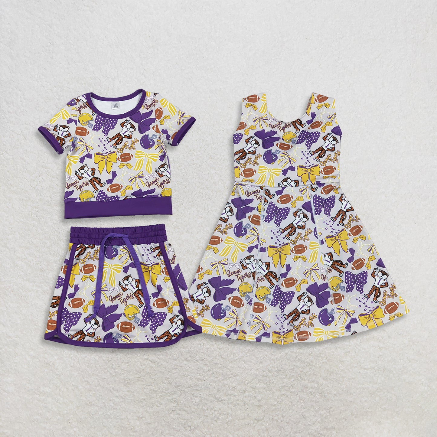 Sibling Baby Girls Toddler Tigers Bows Football Team Shirt Shorts Yoga Purple Set Dress RTS
