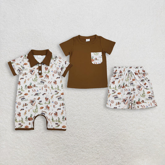 Sibling Baby Boys Kids Short Sleeves Shirt Western Rodeo Cactus Pockets Shorts Set Romper RTS