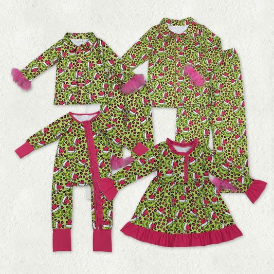 Sibling Baby Girls Adult Women Green Face Leopard Christmas Romper Dress Pajamas Set RTS