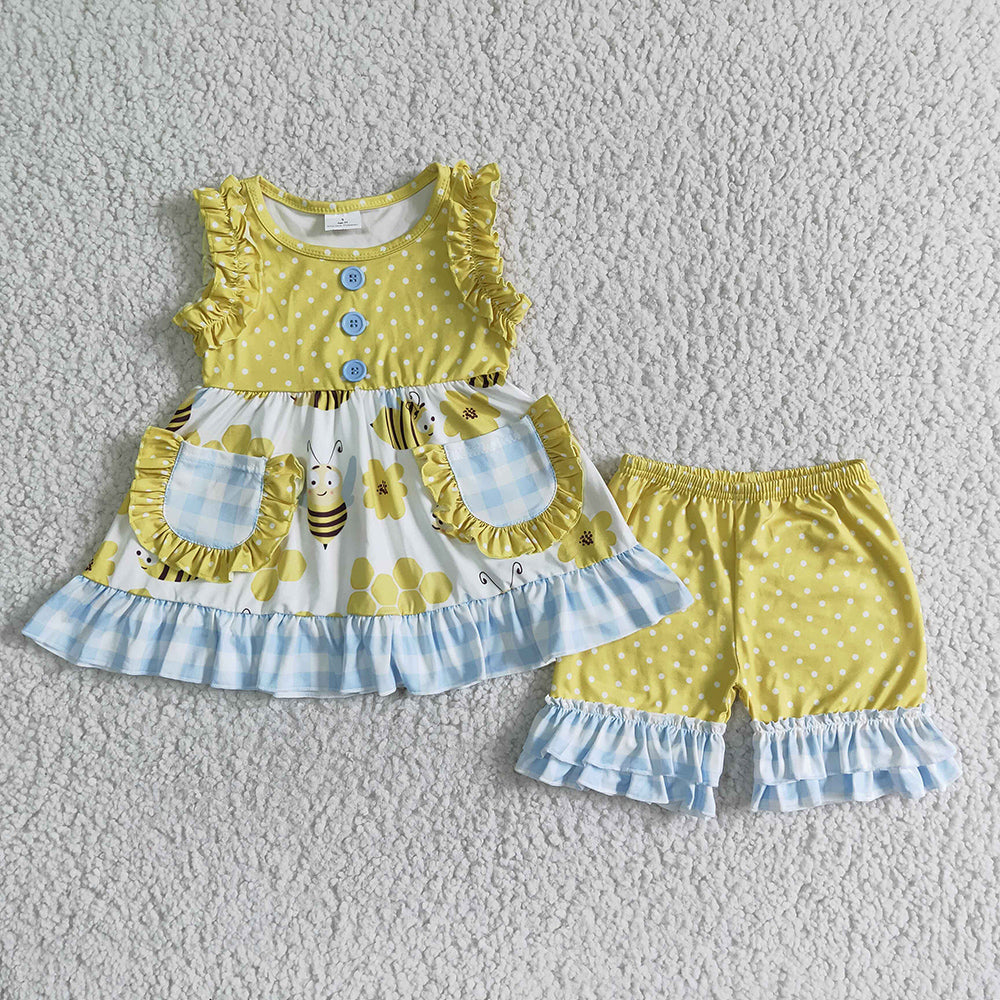 Promotion Baby Girl Summer Bee Flower Pocket Shorts Outfit