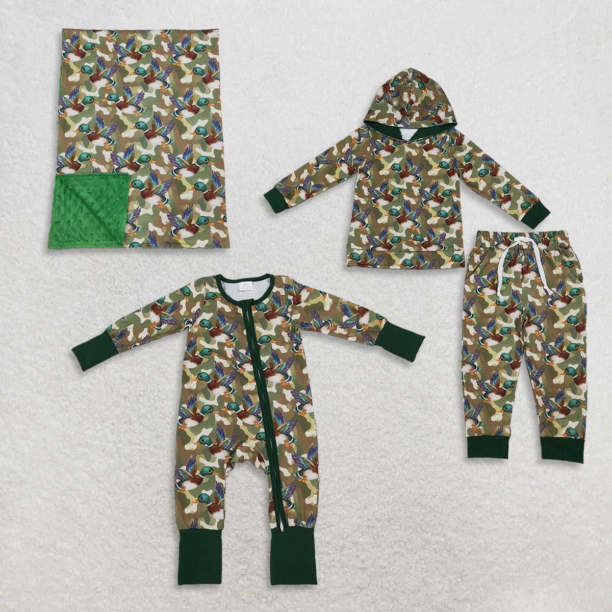 Sibling Baby Boys Kids Long Sleeves Ducks Camo Romper Set Blankets Green Clothes RTS