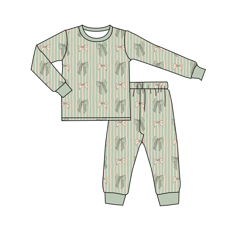 Baby Kids Toddler Long Sleeves Bows Green Stripes Shirt Pants Pajamas Set Moq 5