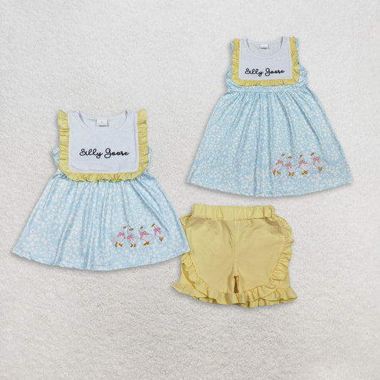 Sibling Baby Girls Kids Embroidery Goose Bows Flower Ruffle Dress Set Summer Clothes RTS