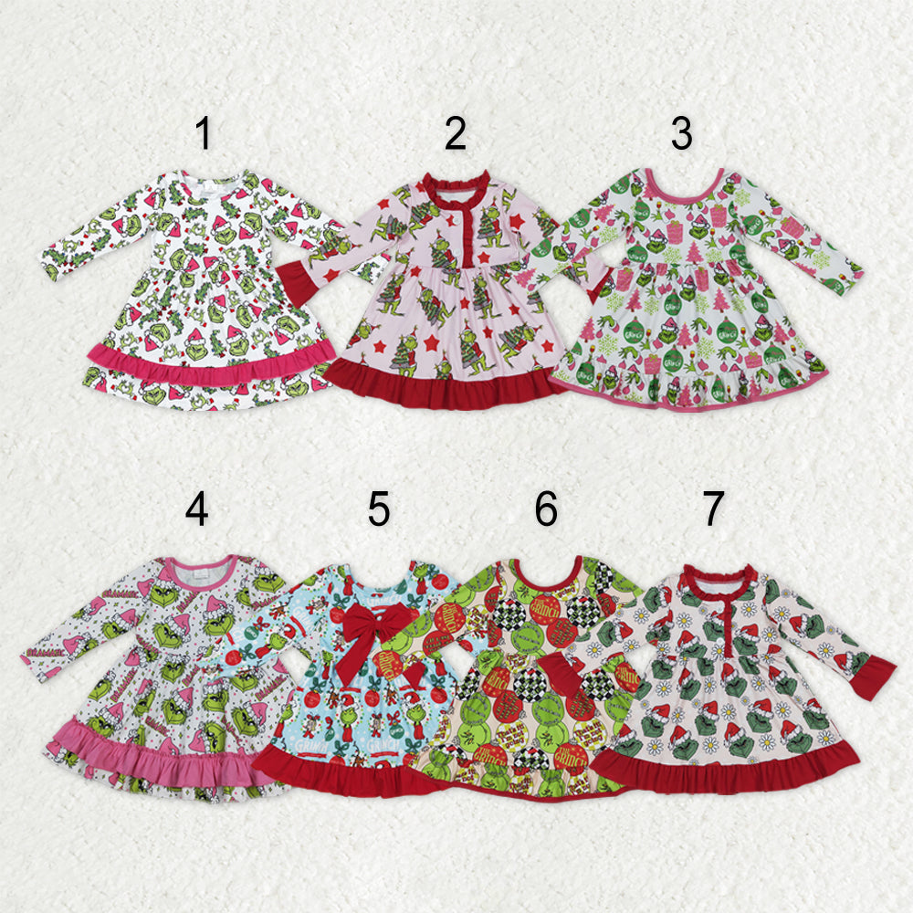 Sibling Baby Girls Kids Long Sleeves Green Face Christmas Ruffle Knee Length Dresses RTS