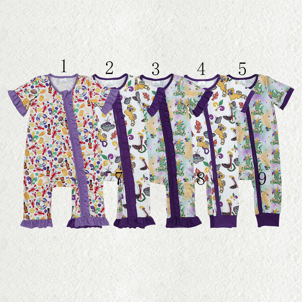 Sibling Baby Boys Girls Infant Short Sleeves Mardi Gras Anchors Crawfish Zipper Rompers RTS