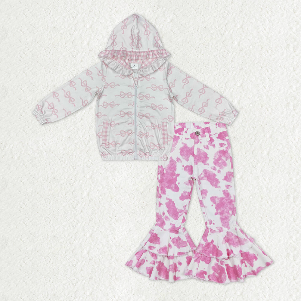 Sibling Baby Girls Kids Long Sleeves Bows Zipper Hoodie Jackets Pants Sets Clothes RTS