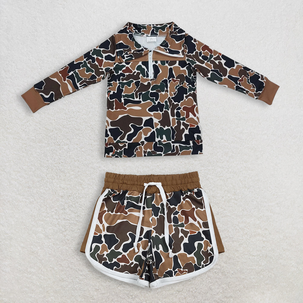 Sibling Baby Girls Kids Brown Green Camo Tops Shorts Southern Clothes Sets RTS