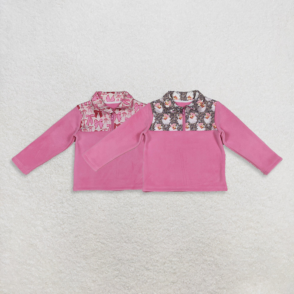 Sibling Baby Girl Pink Long Sleeves Bows Santa Zipper Fleece Pullover Christmas Shirt RTS