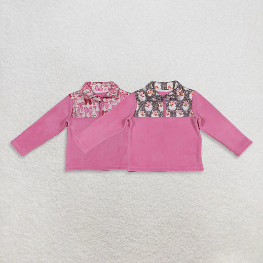 Sibling Baby Girl Pink Long Sleeves Bows Santa Zipper Fleece Pullover Christmas Shirt RTS
