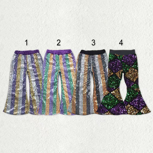 Sibling Baby Girls Stripes Sequins Mardi Gras Bell Bottom Pants RTS
