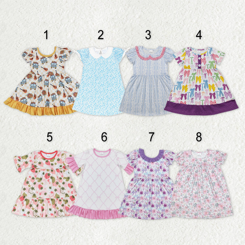 Sibling Baby Girls Short Sleeves Flower Bows Ruffle Knee Length Dresses RTS