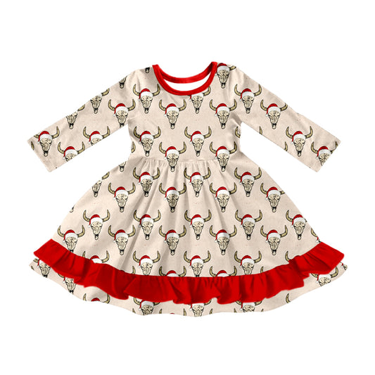 Baby Girl Long Sleeves Christmas Cow Ruffle Dress