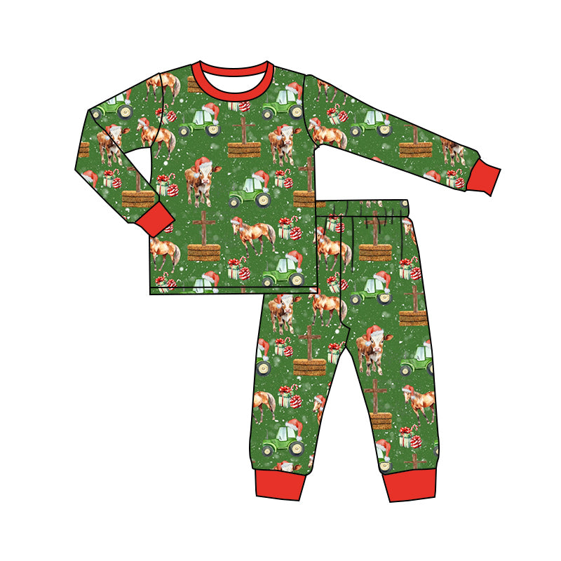 Baby Boy Long Sleeves Cow Trucks Gifts Shirt Pants Pajamas Farm Green Set