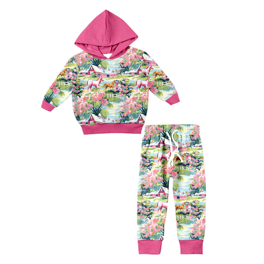 Baby Girl Long Sleeves Horse Flower Pink Hoodie Shirt Pants Western Set