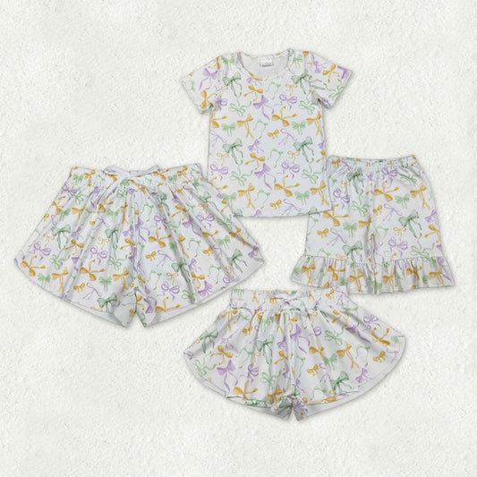 Sibling Baby Girls Adult Women Mardi Gras Bows Clothes Mommy and Me Shorts Set RTS
