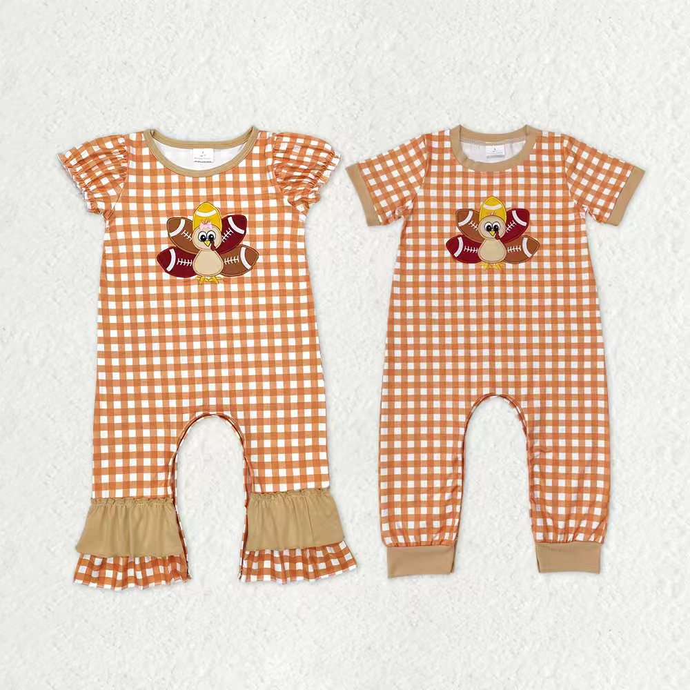 Sibling Baby Boys Girls Embroidery turkey Football Thanksgiving Rompers RTS