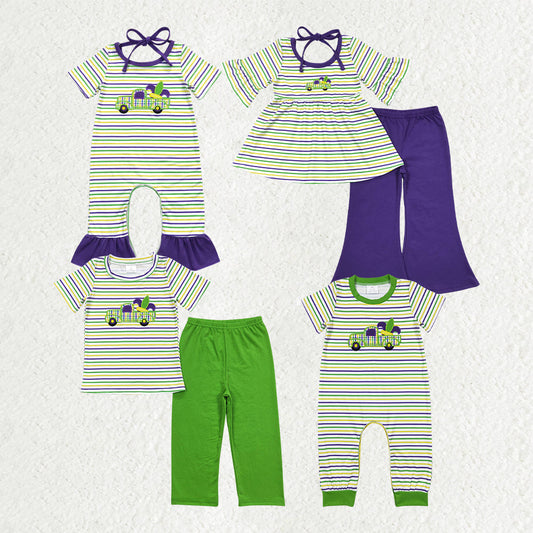 Sibling Baby Boys Girls Short Sleeves Embroidery Trucks Stripes Mardi Gras Romper Set RTS