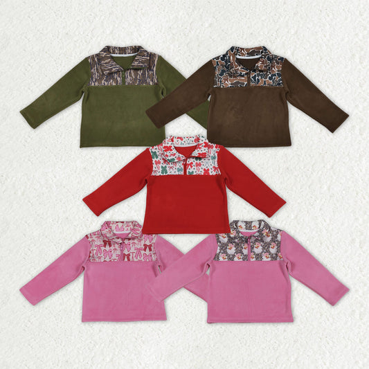 Sibling Baby Boys Girls Long Sleeves Camo Bows Santa Zipper Fleece Pullover Shirts Tops RTS