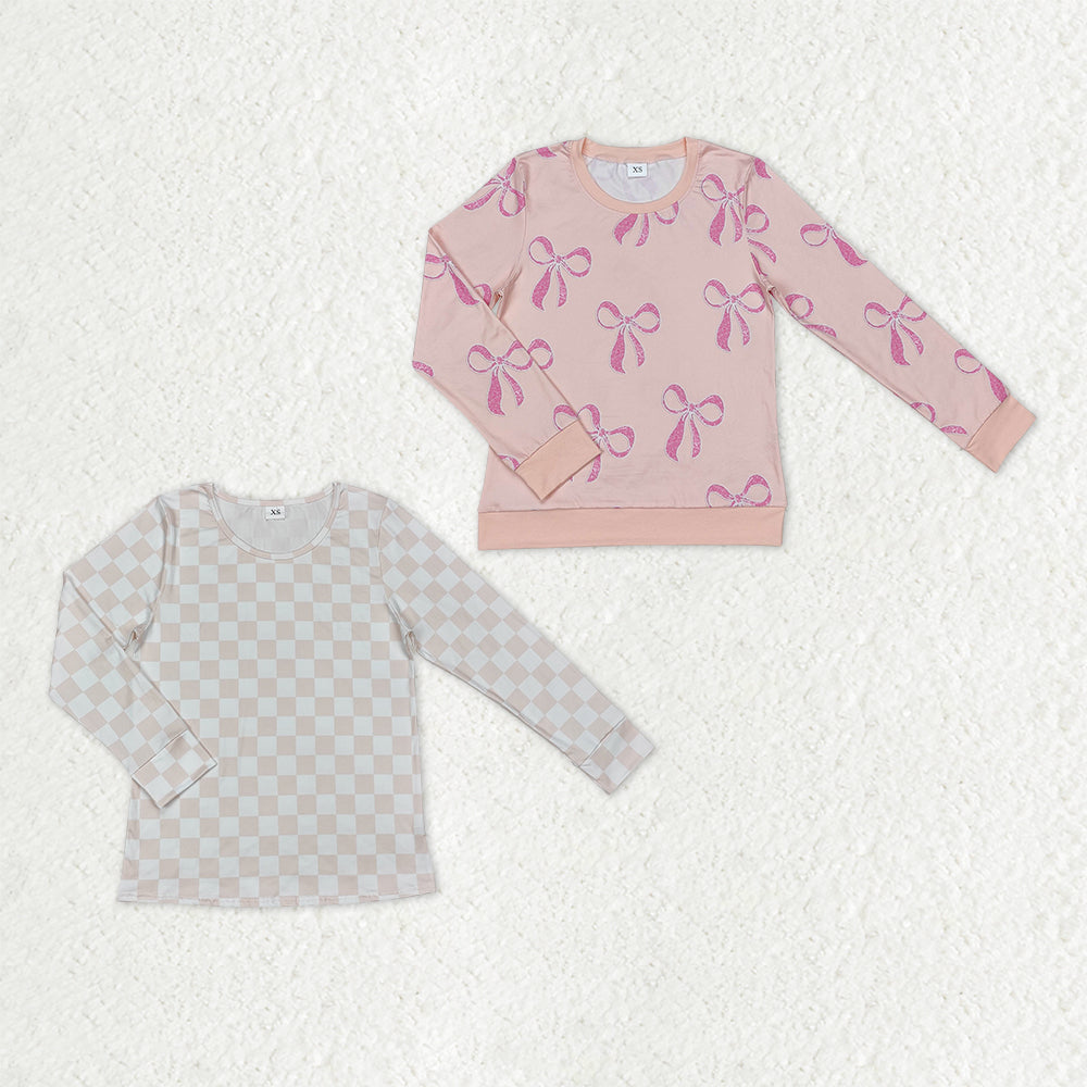 Sibling Adult Women Long Sleeve Bows Plaid Shirts Tops RTS