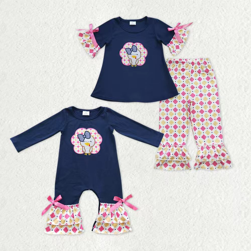 Sibling Girls Kids Embroidery turkey Plaid Thanksgiving Fall Romper Set Clothes RTS