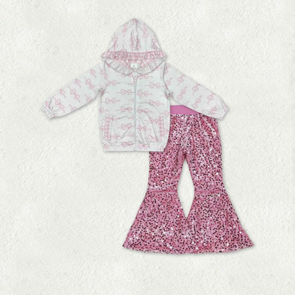 Sibling Baby Girls Kids Long Sleeves Bows Zipper Hoodie Jackets Pants Sets Clothes RTS