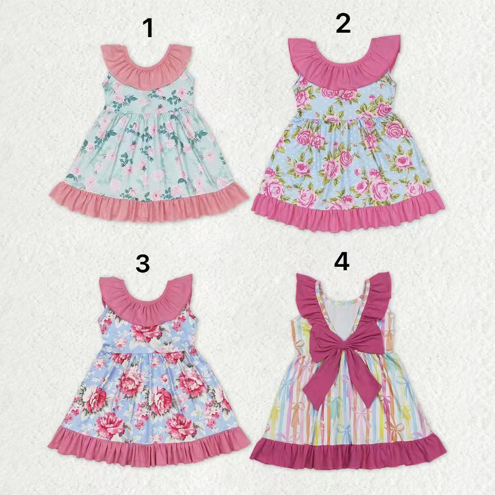 Sibling Baby Girls Kids Flowers Ruffle Bows Knee Length Dresses RTS