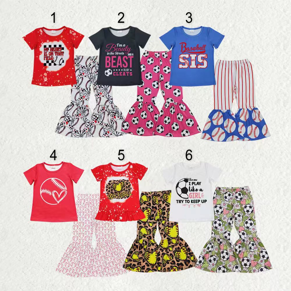 Sibling Baby Girls Kids Short Sleeves Balls Games Shirt Bell Pants Clothes Sets RTS