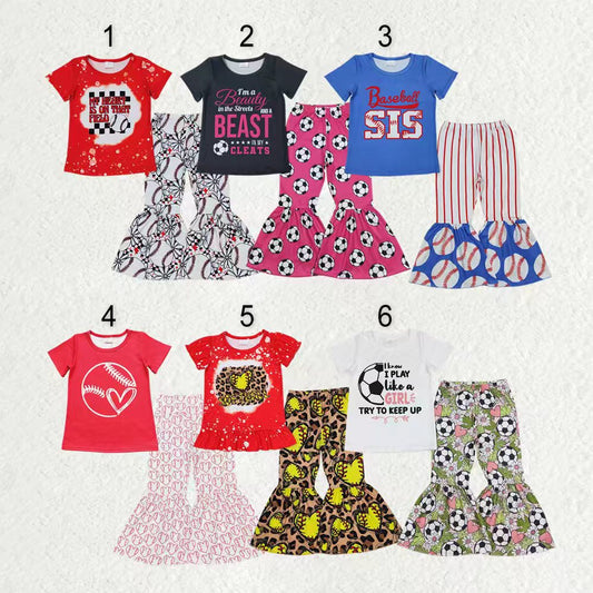 Sibling Baby Girls Kids Short Sleeves Balls Games Shirt Bell Pants Clothes Sets RTS