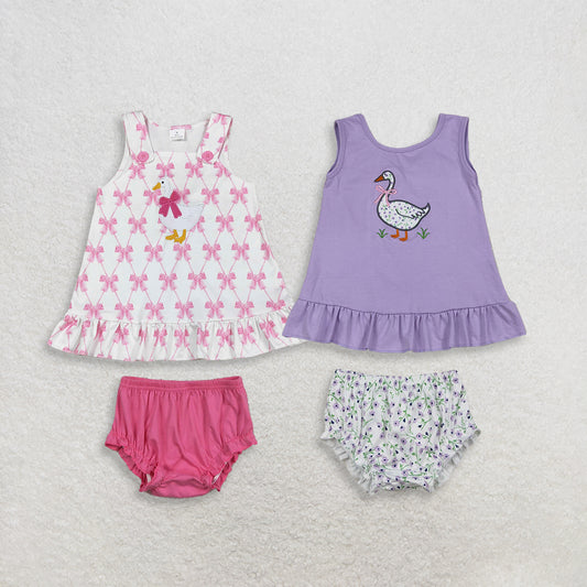 Sibling Baby Girls Toddler Sleeveless Embroidery Goose Bows Tops Bummie Shorts Sets RTS