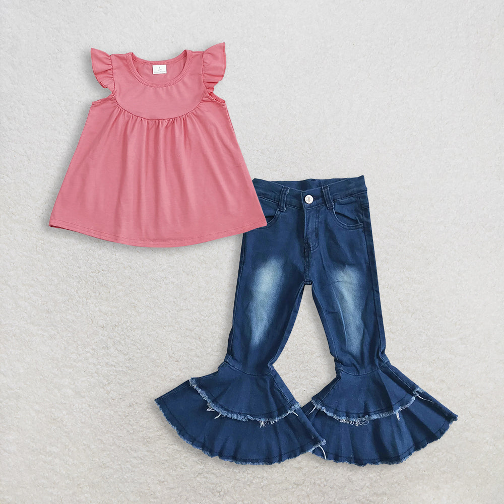 Baby Girls Kids Short Sleeves Pink Tunic Denim Jeans Bell Pants Set RTS