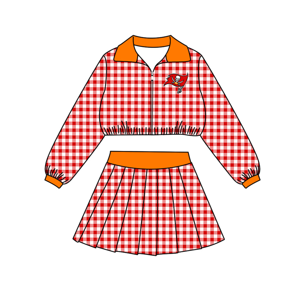 ( Moq 5 ) Baby Girls Kids Long Sleeves Plaid Zipper Tops Skirt Shorts Team Set Clothes