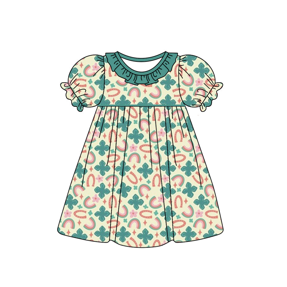 Baby Girl Short Sleeves Clover Rainbow St. Patrick's Day Knee Length Dress Moq 5