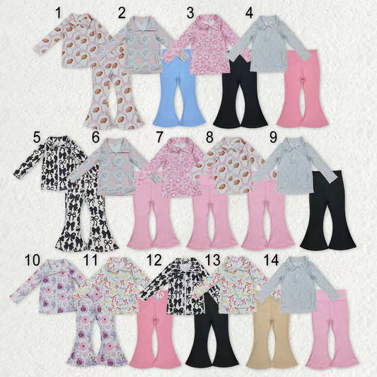 Sibling Baby Girls Long Sleeve Zipper Pockets Jackets Bell Pants Yoga Active Clothes Sets RTS