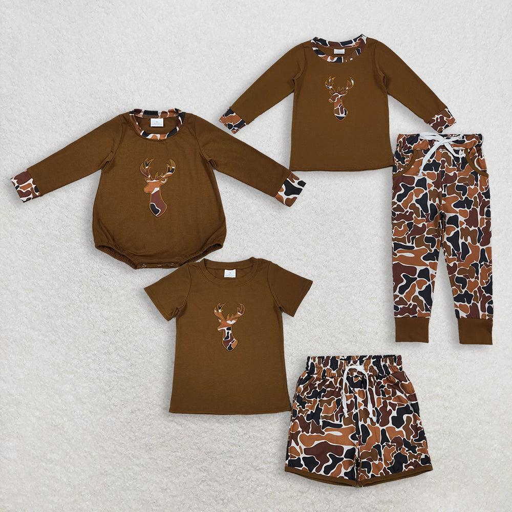 Sibling Sibling Baby Boys Kids Embroidery Deer Camo Hunting Brown Romper Sets RTS