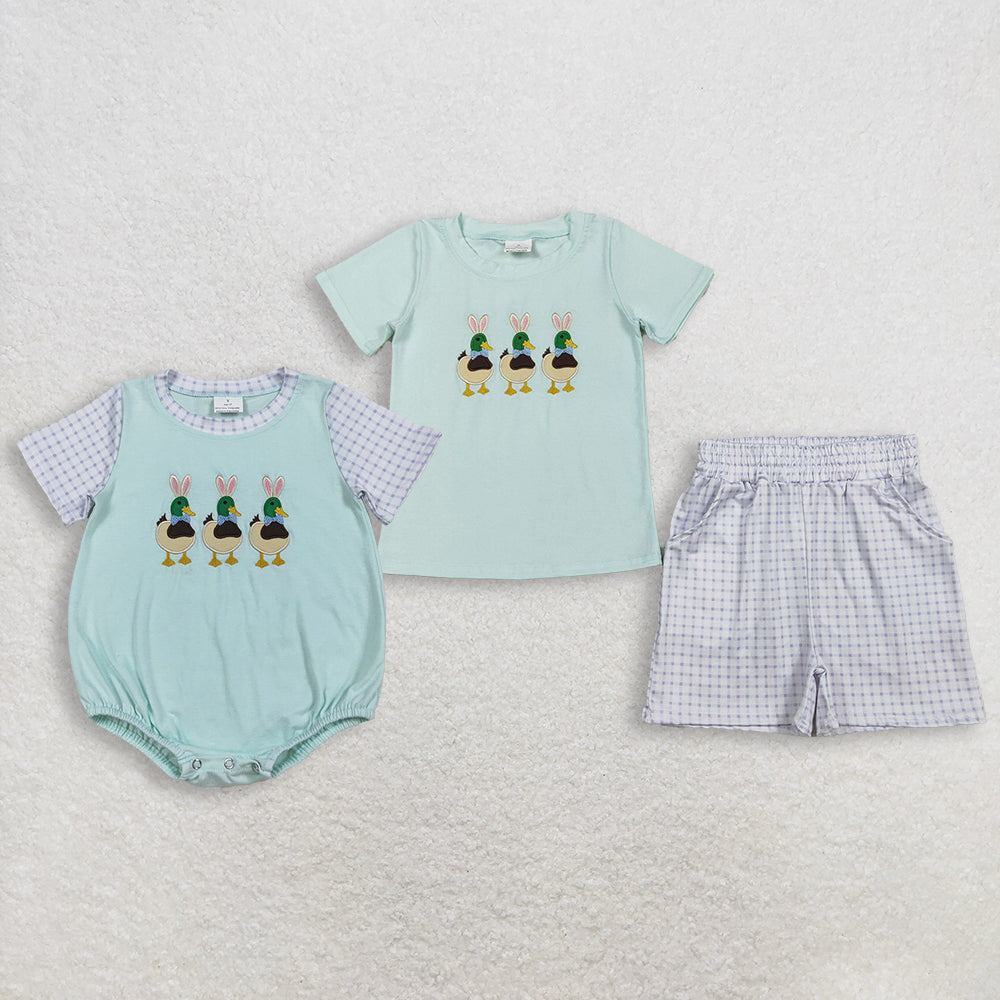 Sibling Baby Boys Kids Short Sleeves Embroidery Ducks Rabbits Shirt Shorts Easter Set Romper RTS