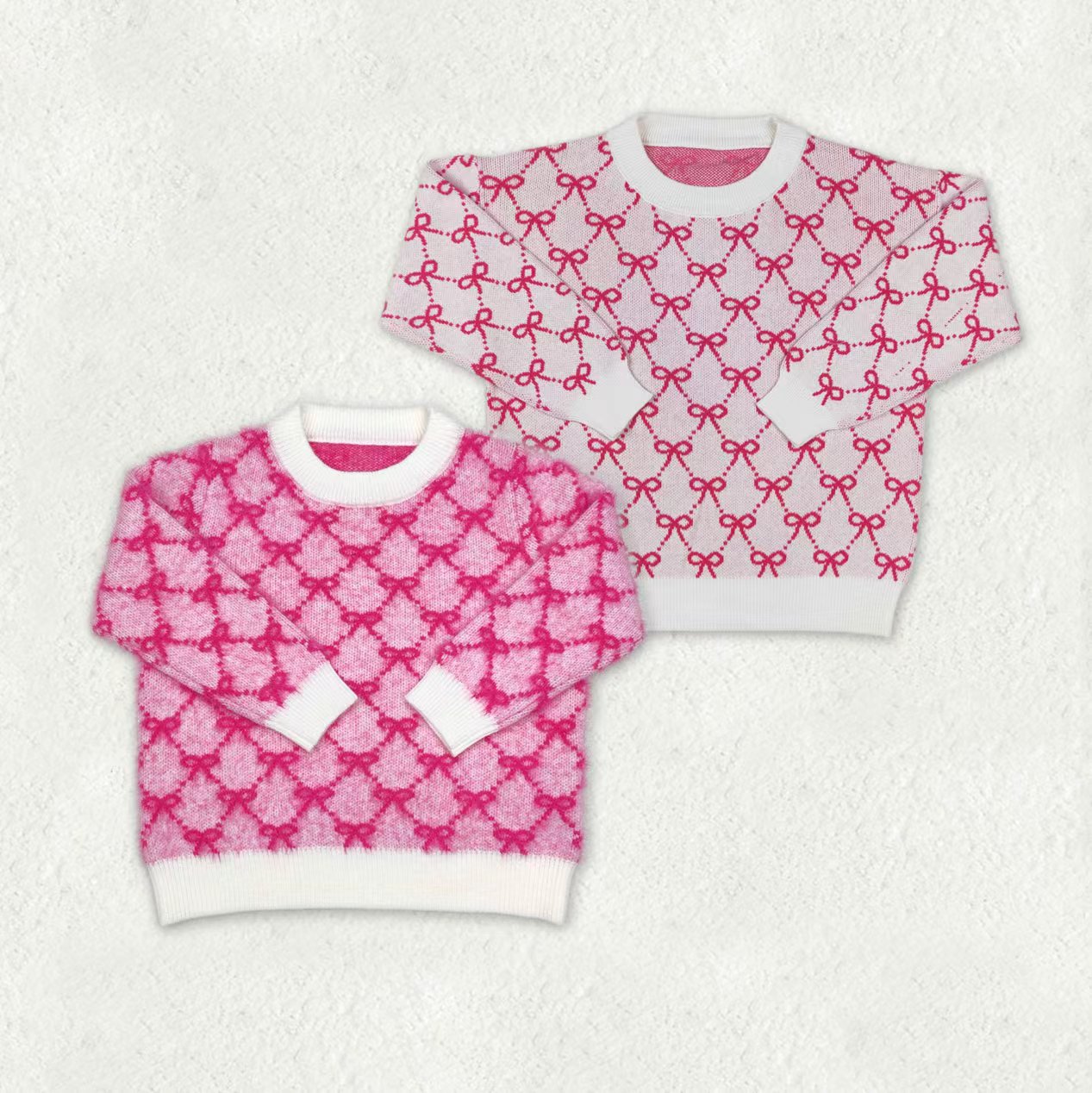 Sibling Baby Girls Pink Bows Checked Woolen Sweaters