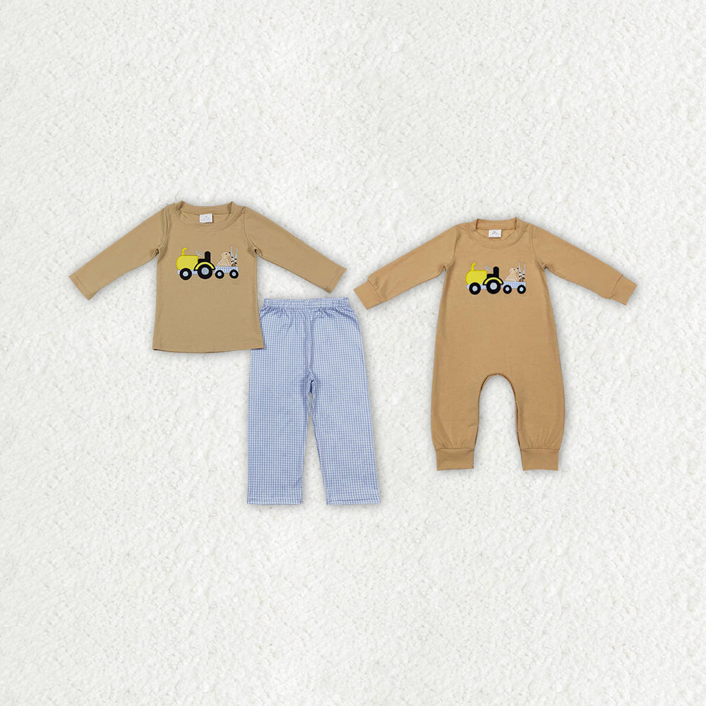 Sibling Baby Boys Long Sleeves Embroidery Dogs Ducks Trucks Hunting Romper Set RTS
