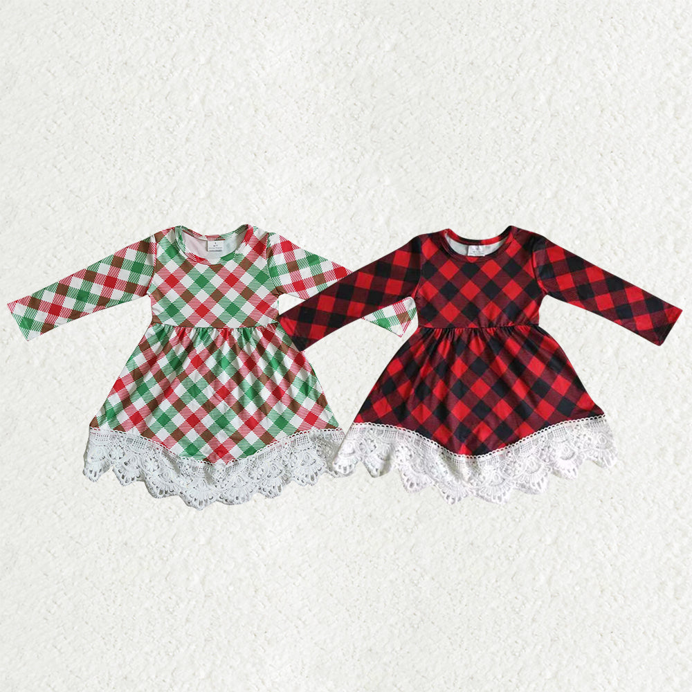 Sibling Baby Girls Long Sleeves Christmas Checked Ruffle Knee Length Dresses RTS