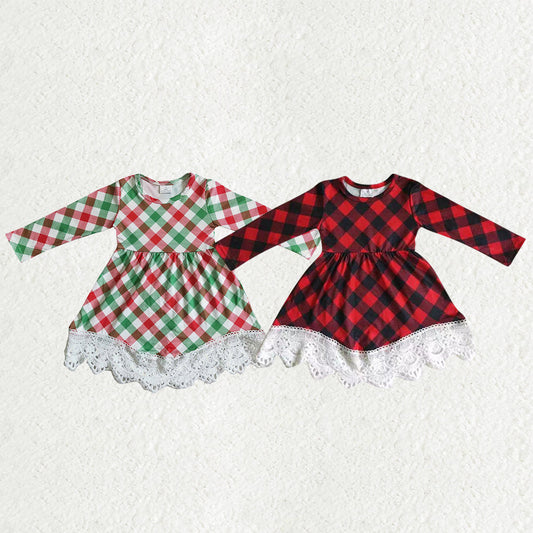 Sibling Baby Girls Long Sleeves Christmas Checked Ruffle Knee Length Dresses RTS