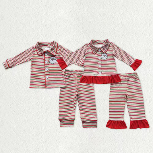 Sibling Boys Girls Christmas Long Sleeves Embroidery Santa Stripes Buttons Tops Pants Outfit Pajamas RTS